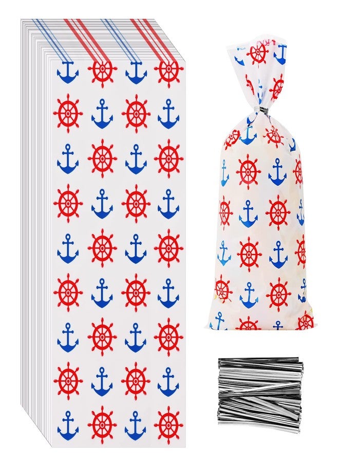 Lecpeting 100 Pcs Nautical Treat Bags Anchors Wheel Print Cellophane Candy Bags Nautical Party Favors with Twist Ties for Theme Birthday Party Supplies - Image 1
